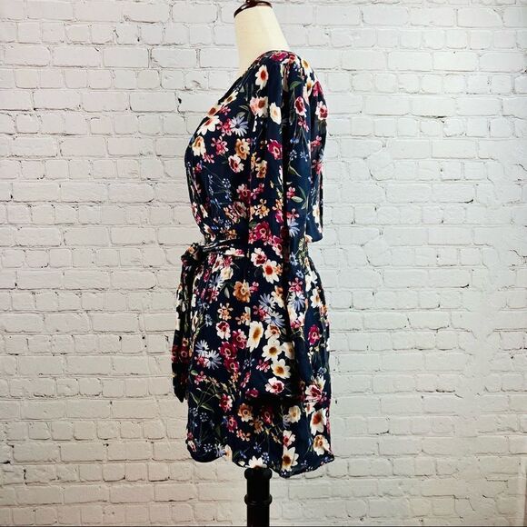 Parker Silk Blend Navy Floral Long Trumpet Sleeve Waist Tie Dress - Picture 6 of 11